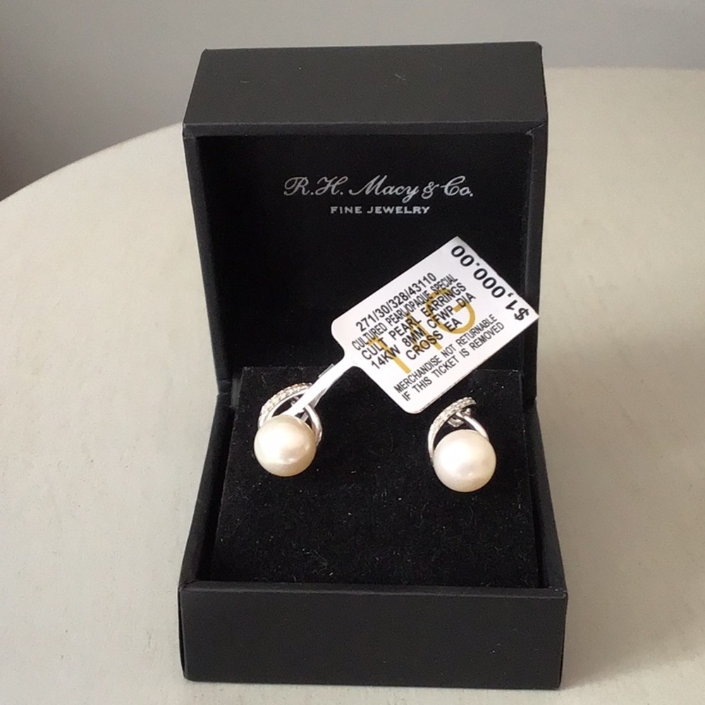 NWT 14k White Gold 8mm Cultured Pearl w/ d…